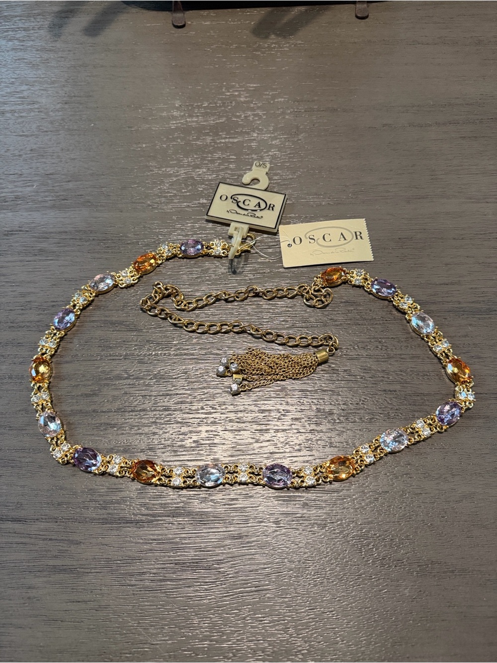 Vtg Oscar De La Renta Multicolored Crystals Gold Tone Finish Chain Belt NWT Y2K
